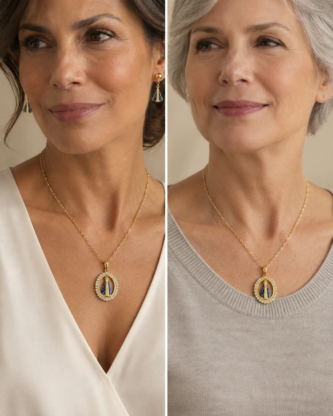 Duas mulheres usando o conjunto e apenas o colar