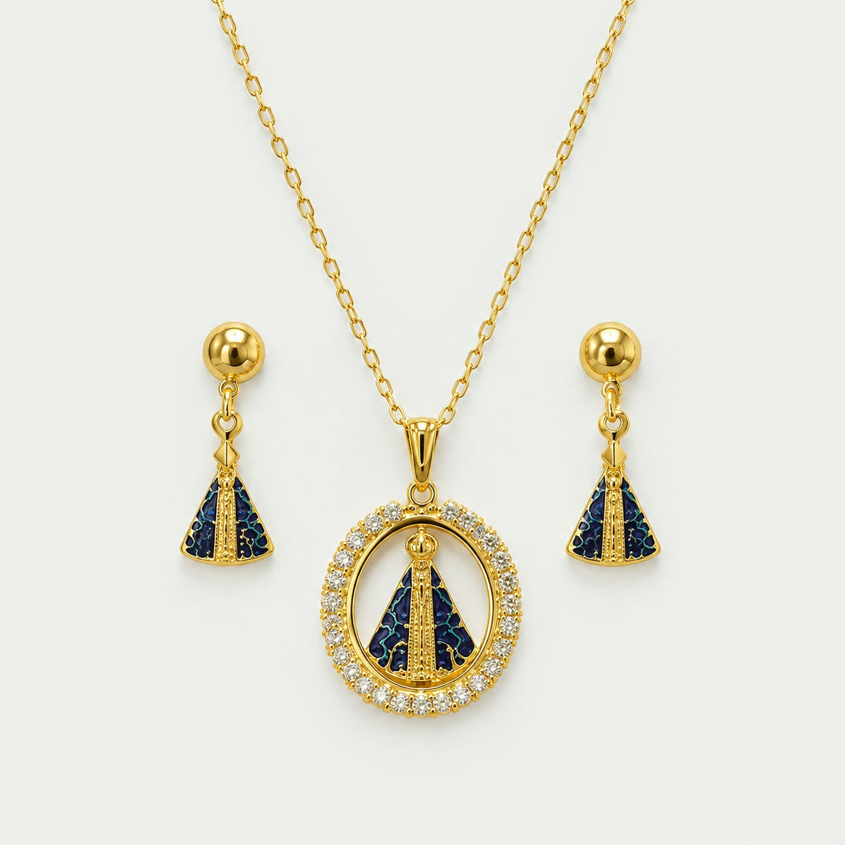 Conjunto Nossa Senhora Aparecida folheado a ouro 18k, colar e brincos