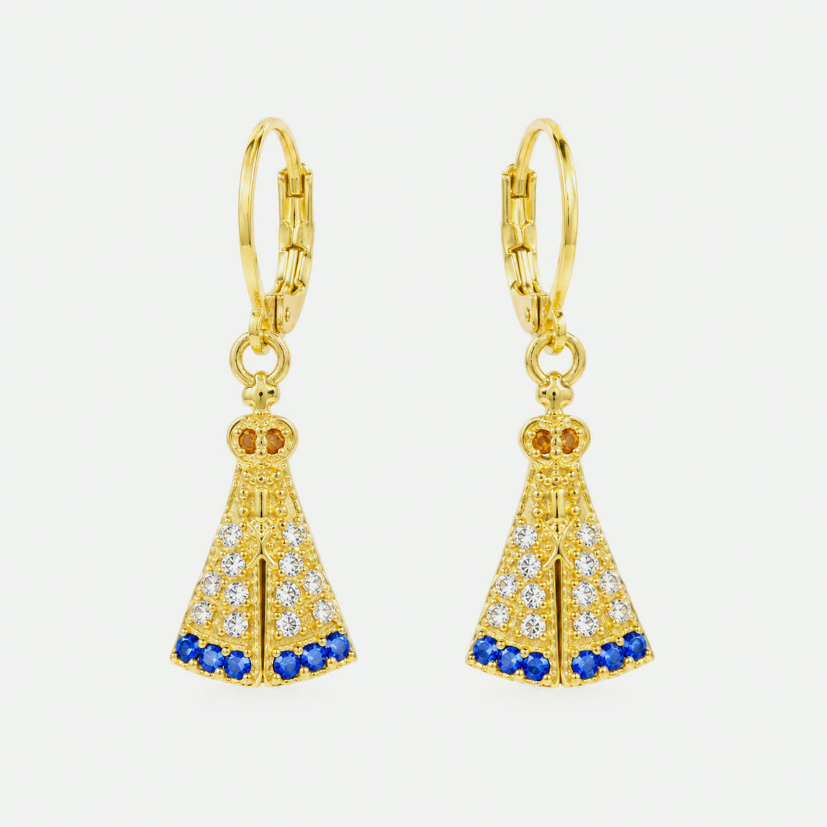 Brincos Nossa Senhora Aparecida com zircônias azuis e acabamento dourado